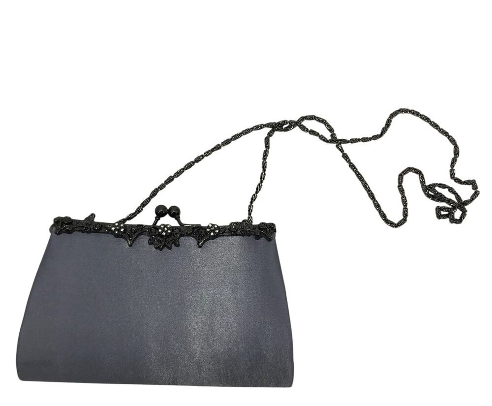 Jessica McClintock Gray Satin Ornate Mini Evening Clutch Purse Shoulder Bag